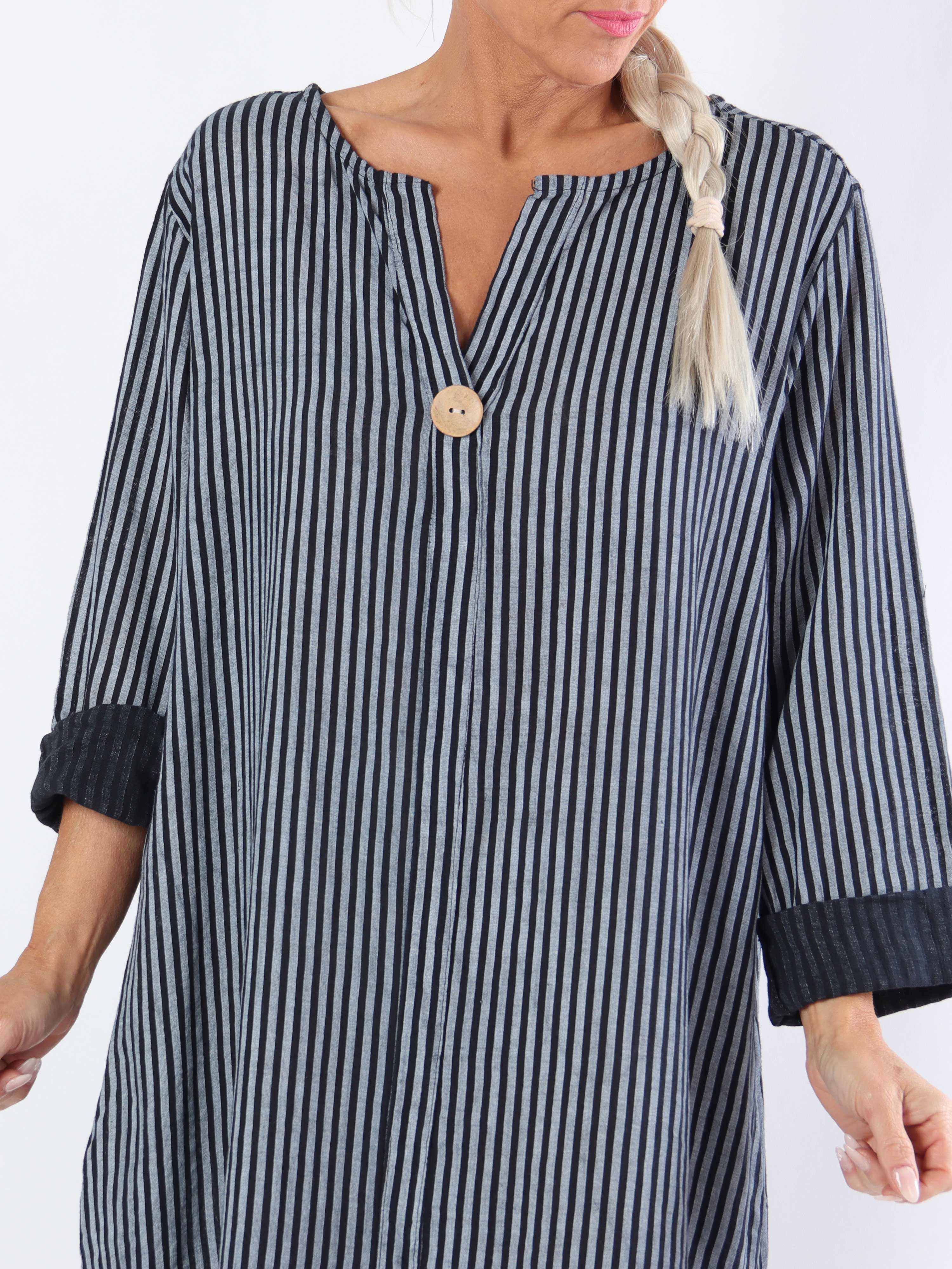 Arizona Stripe - Lång bomullsklänning i plus size i linne-liknande tyg